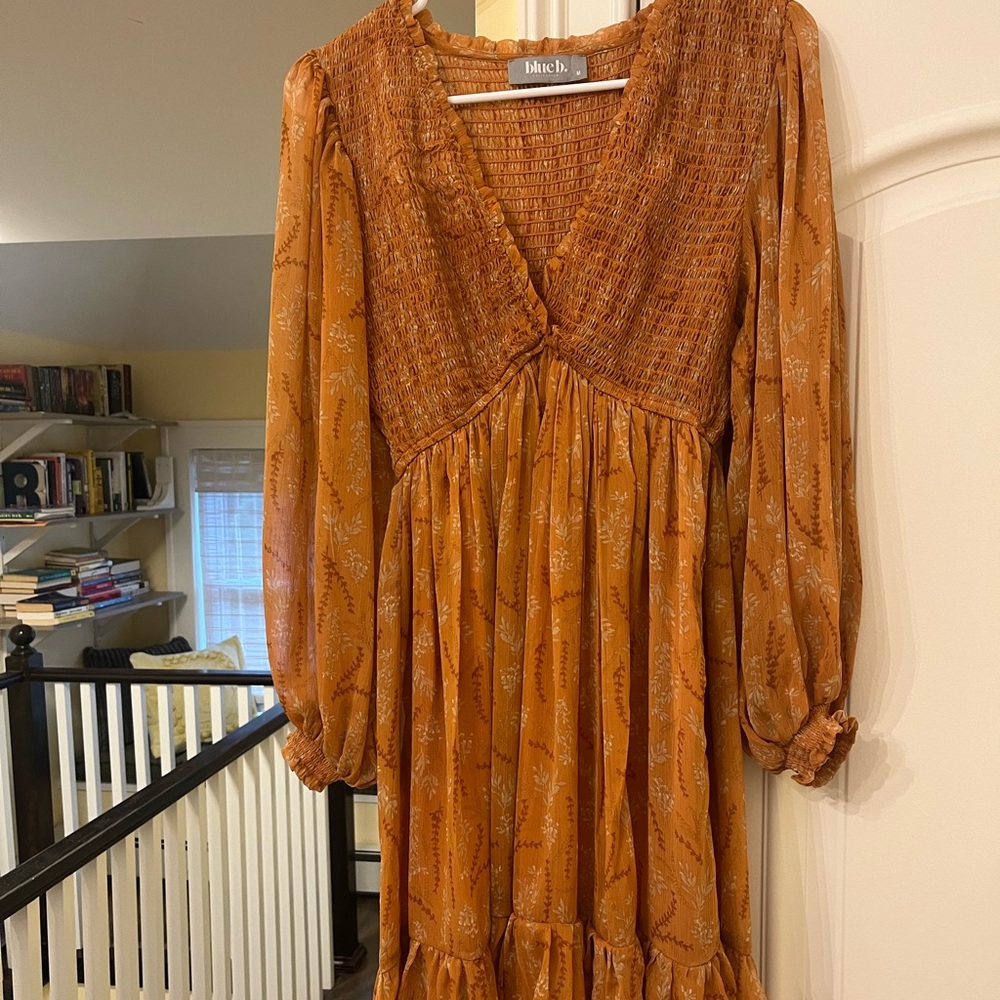 Orange Floral Smocked Long Sleeve Maternity Dress
